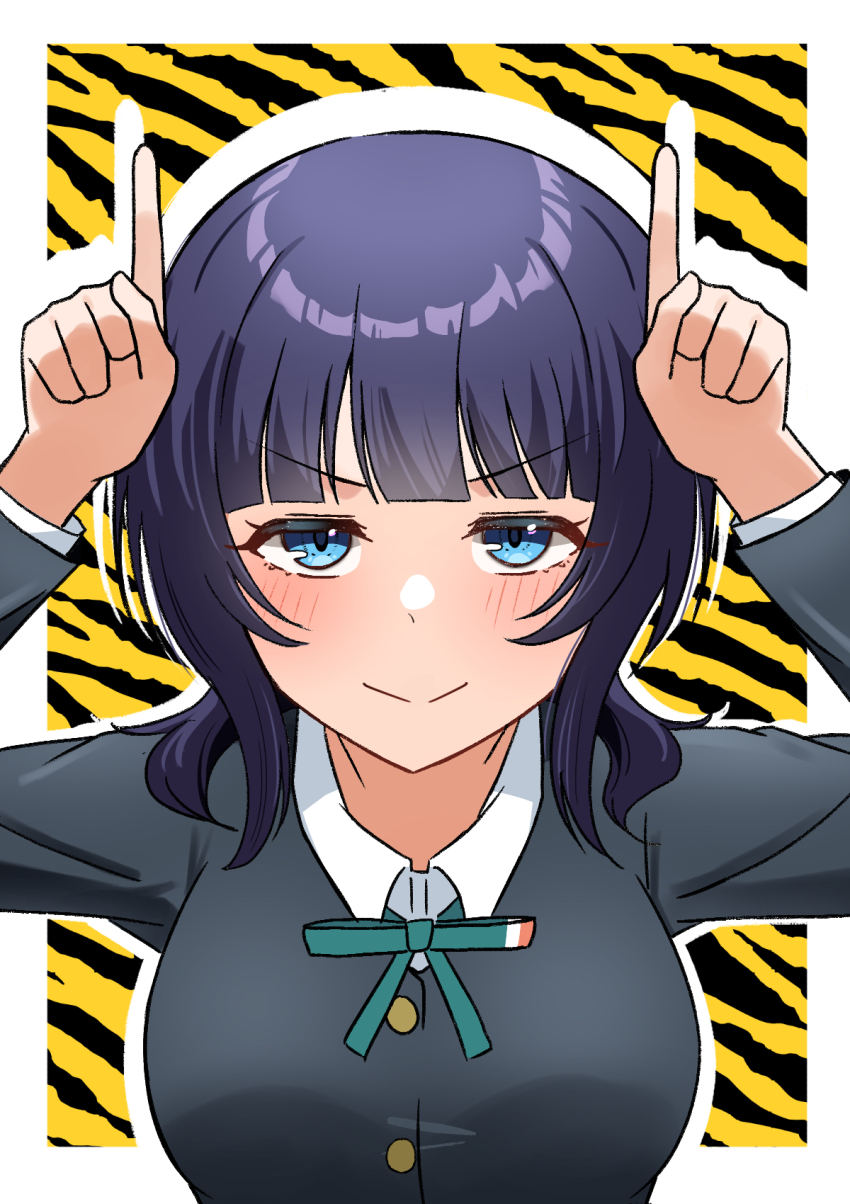 &gt;:) 1girl animal_print asaka_karin black_jacket blue_eyes blue_hair blunt_bangs blush border breasts closed_mouth collared_shirt commentary_request dress_shirt drop_shadow green_ribbon highres horns_pose jacket large_breasts long_sleeves looking_at_viewer love_live! love_live!_nijigasaki_high_school_idol_club medium_hair neck_ribbon nijigasaki_school_uniform outside_border partial_commentary print_background ribbon sakusaku_cookie school_uniform shirt smile solo split_mouth straight-on tiger_print upper_body v-shaped_eyebrows white_border white_shirt winter_uniform yellow_background