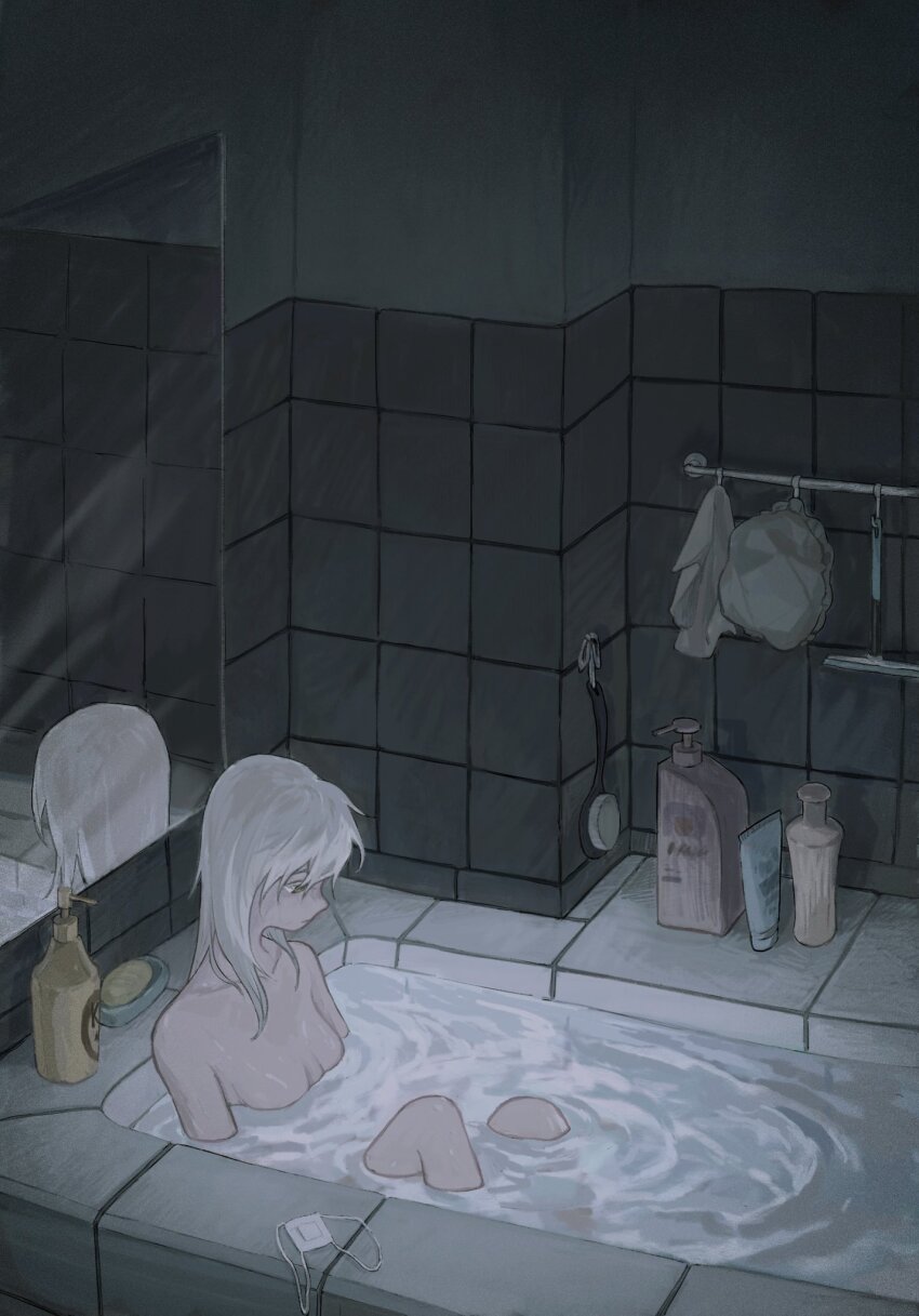 1girl bath bathroom eyepatch highres indoors medical_eyepatch nihiru0513 original partially_submerged reflection shampoo solo water white_hair window