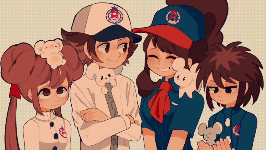 2boys 2girls ascot baseball_cap blue_headwear blue_shirt brown_eyes brown_hair buttons clem_(calmeremerald) closed_eyes closed_mouth commentary crossed_arms donut_hair_bun double_bun english_commentary green_background hair_bun hat high_ponytail highres hilbert_(pokemon) jacket long_hair medium_hair mouse_(animal) multiple_boys multiple_girls nate_(pokemon) nintendo pokemon pokemon_bw pokemon_bw2 pokemon_sv ponytail print_headwear red_ascot rosa_(pokemon) shirt short_hair smile tandemaus teeth twintails upper_body white_headwear white_jacket zipper