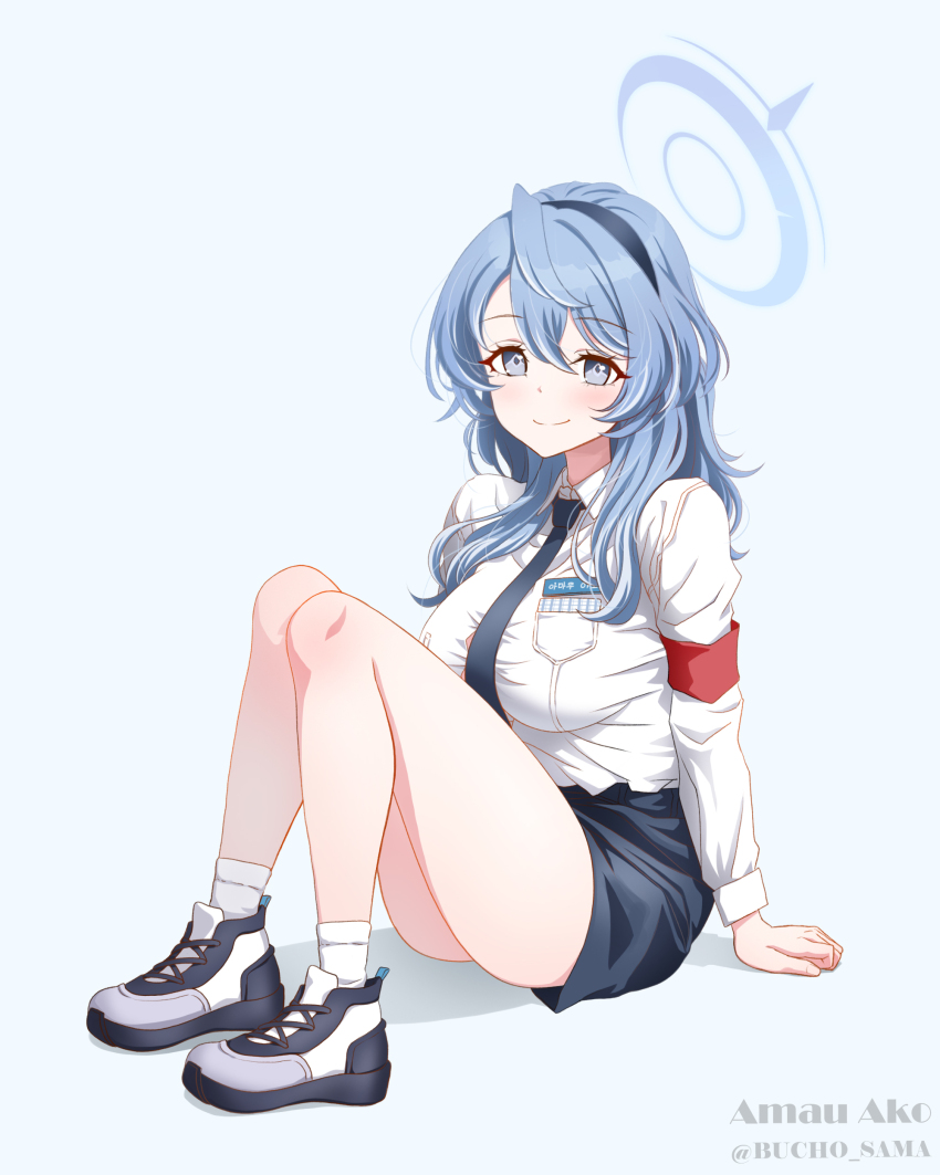 1girl absurdres ako_(blue_archive) armband ass blue_archive blue_eyes blue_hair blush breasts bucho_sama hairband halo highres long_hair medium_breasts necktie pencil_skirt school_uniform shoes sitting skirt smile sneakers socks solo variant_set white_socks
