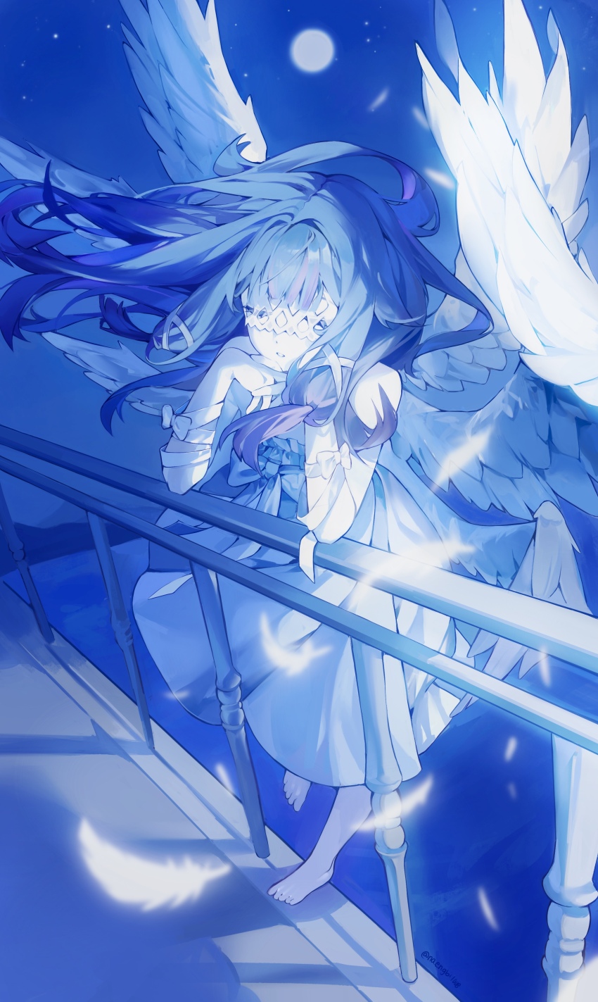 1girl absurdres black_hair columbina_(genshin_impact) commentary dress falling_feathers feathered_wings feathers full_moon genshin_impact hair_ribbon head_wings highres korean_commentary long_hair moon multiple_wings naengbi1008 night night_sky outdoors parted_lips pink_hair ribbon sidelocks sky solo very_long_hair white_dress white_feathers white_mask white_ribbon white_wings wings wrist_ribbon