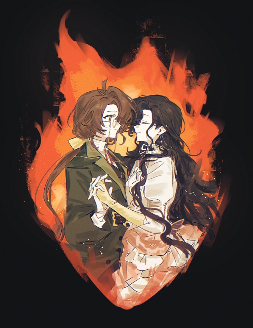 2girls black_background black_hair brown_hair closed_eyes cropped_torso dress face-to-face fire gloves green_eyes green_jacket grin highres holding_hands isolde_(reverse:1999) jacket juliet_sleeves kakania_(reverse:1999) long_hair long_sleeves looking_at_another low_ponytail multiple_girls neck_ribbon ponytail puffy_sleeves rang_wo_zai_shui_10_fenzhong red_ribbon reverse:1999 ribbon shirt smile upper_body very_long_hair white_dress white_gloves white_shirt yellow_gloves yuri
