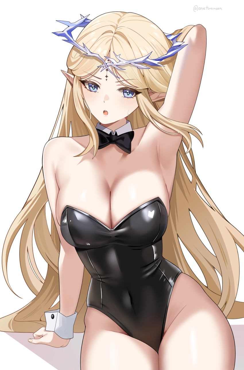 1girl absurdres alternate_costume arm_behind_head arm_up armpits bare_shoulders black_bow black_bowtie black_leotard blue_eyes blush bow bowtie breasts cartethyia_(wuthering_waves) cleavage collar collarbone commentary covered_navel crown_of_thorns detached_collar feet_out_of_frame groin highleg highleg_leotard highres large_breasts leotard looking_at_viewer open_mouth parted_bangs simple_background sitting solo strapless strapless_leotard sweatdrop symbol-only_commentary tacet_mark_(wuthering_waves) thighs twitter_username twomoon white_background white_collar white_wrist_cuffs wrist_cuffs wuthering_waves