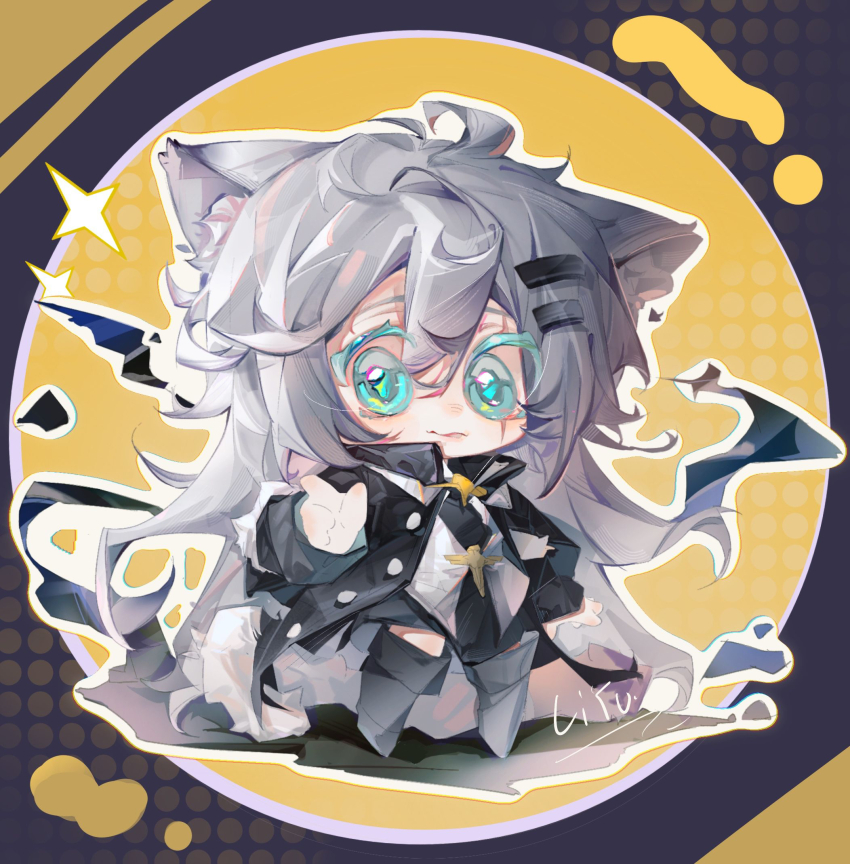 1girl absurdly_long_hair animal_ear_fluff animal_ears aqua_eyes arknights black_boots black_border black_coat black_dress boots border buttons cape chibi chinese_commentary closed_mouth coat collared_coat colored_eyelashes commentary_request dress eyes_visible_through_hair grey_hair hair_between_eyes hair_ornament hairclip halftone halftone_background high_collar highres jacket knee_boots lappland_(arknights) layered_sleeves long_hair looking_at_viewer loose_hair_strand open_clothes open_coat outline outside_border pointing pointing_at_viewer round_border scar scar_across_eye scar_on_face short_dress signature smile solo standing star_button turtleneck turtleneck_dress very_long_hair white_cape white_jacket white_outline wolf_ears yellow_background yiliwa