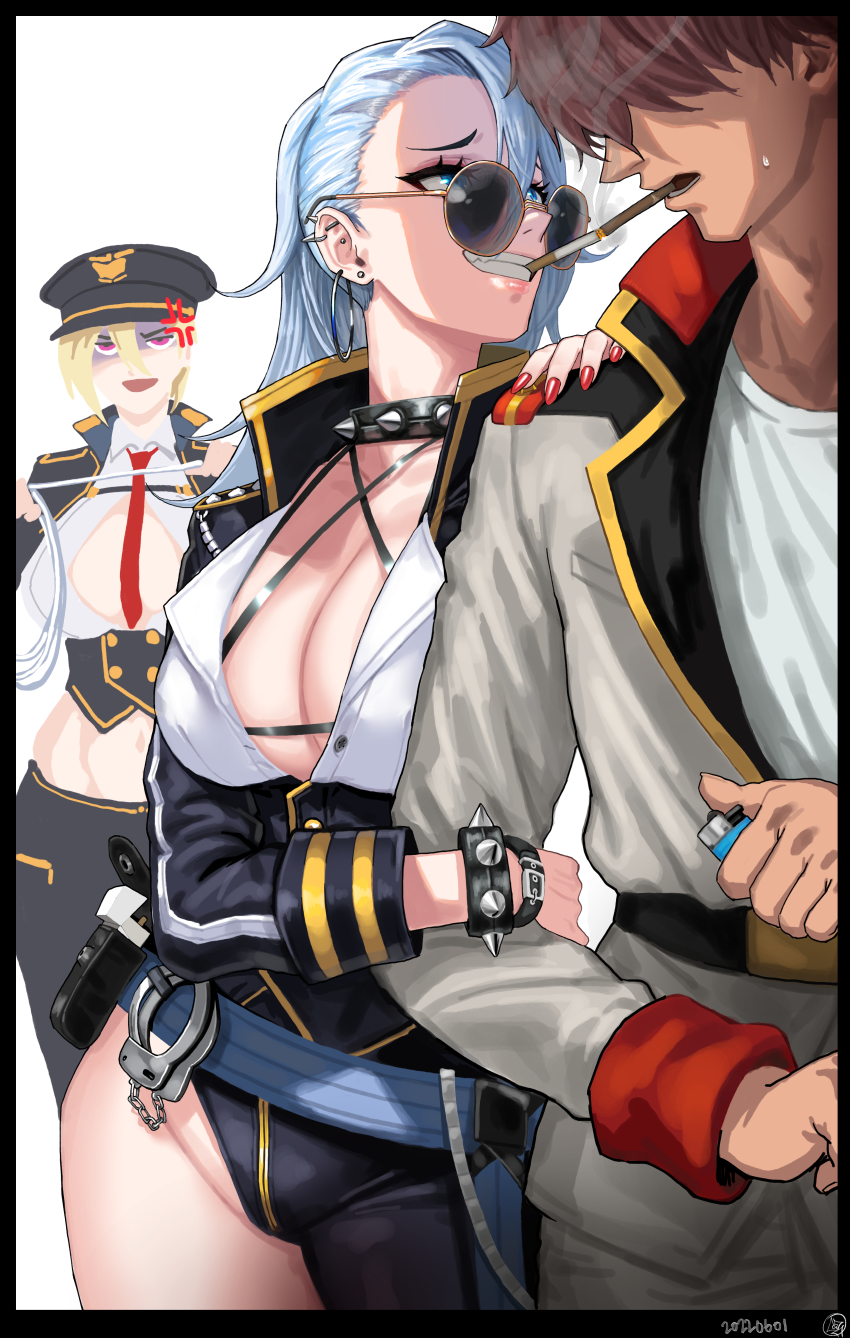 1boy 1girl 2girls absurdres anger_vein arm_grab asymmetrical_pants blonde_hair blue_eyes blue_hair bracelet breasts cigarette cleavage collar commander_(last_origin) cuffs earrings faceless faceless_male grin hair_between_eyes hair_over_eyes handcuffs highres jacket jealous jewelry large_breasts last_origin lighter long_hair multiple_girls necktie red_eyes sadius_of_retribution shaded_face short_hair simple_background smile smoking sonia_of_devastation spiked_bracelet spiked_collar spikes sukai sunglasses sweatdrop white_background