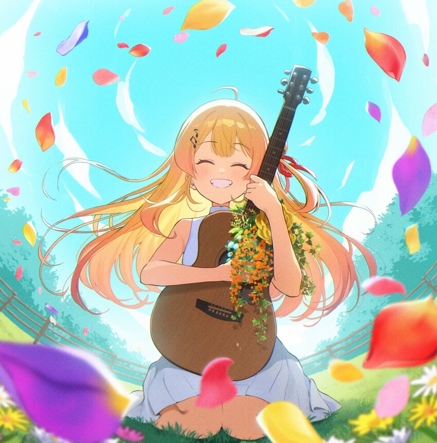 1girl ahoge alternate_costume blonde_hair blush closed_eyes dress flower fortissimo guitar hair_ornament hair_ribbon highres holding holding_guitar holding_instrument hololive hololive_dev_is instrument long_hair mitohas musical_note musical_note_hair_ornament otonose_kanade outdoors petals red_ribbon ribbon smile solo virtual_youtuber white_dress