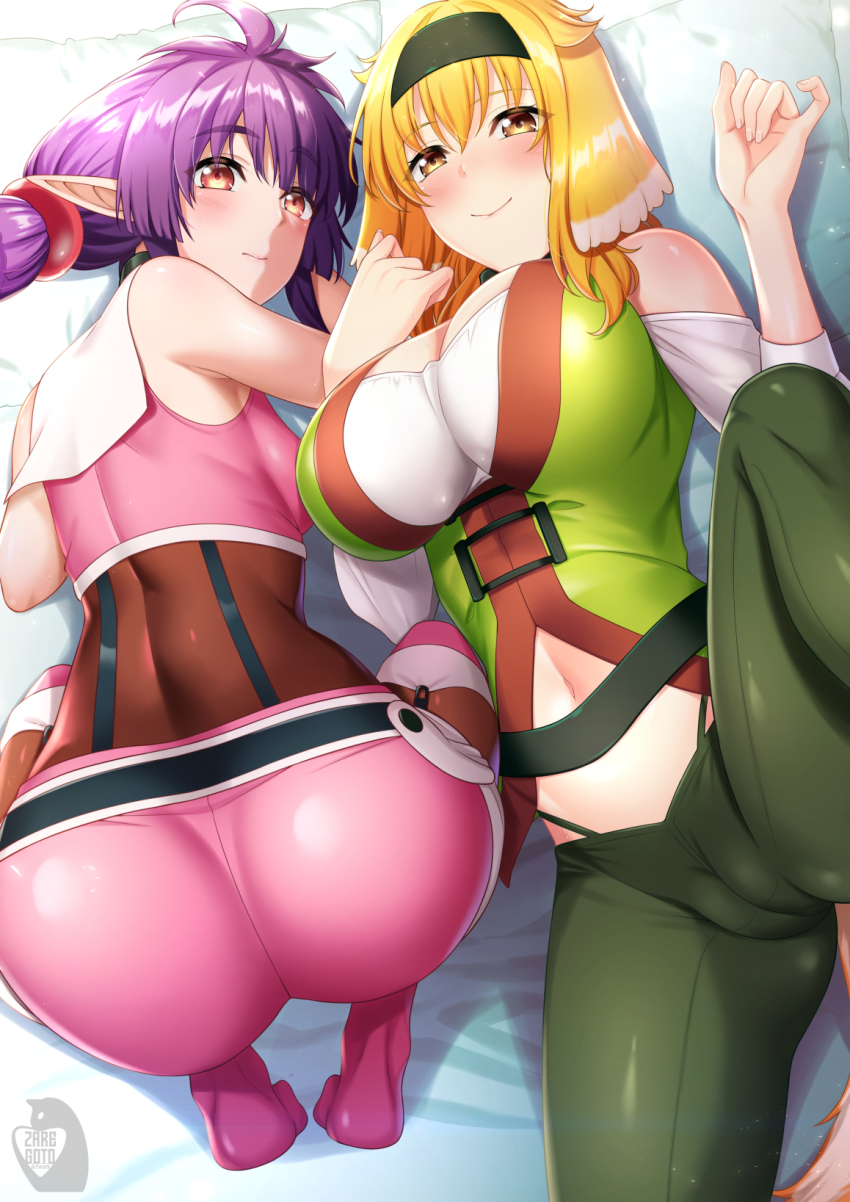 2girls ahoge animal_ears armpits artist_logo ass bloom blush breasts brown_eyes camel cleavage closed_mouth collar crop_top detached_sleeves dog_ears dog_girl dog_tail dwarf eyebrows_hidden_by_hair from_behind green_hairband green_jacket green_pants hair_between_eyes hairband highres isekai_meikyuu_de_harem_wo jacket kneeling large_breasts lips logo long_hair looking_at_viewer looking_back lying metal_collar multiple_girls navel on_back pants pillow pointy_ears purple_eyes red_eyes roxanne_(isekai_meikyuu_de_harem_wo) sherry_(isekai_meikyuu_de_harem_wo) shirt smile tail white_shirt zaregoto_tsukai_no_deshi