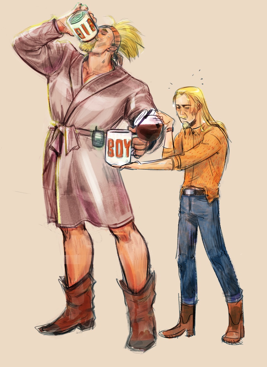 2boys absurdres alternate_costume asgeir blonde_hair boots coffee_mug cup denim drinking exhausted facial_hair full_body goatee headband height_difference highres holding holding_cup jeans long_hair male_focus mature_male mug mug_writing multiple_boys mustache pants pouring robe shantirittgers short_hair squeans standing thorkell vinland_saga waking_up