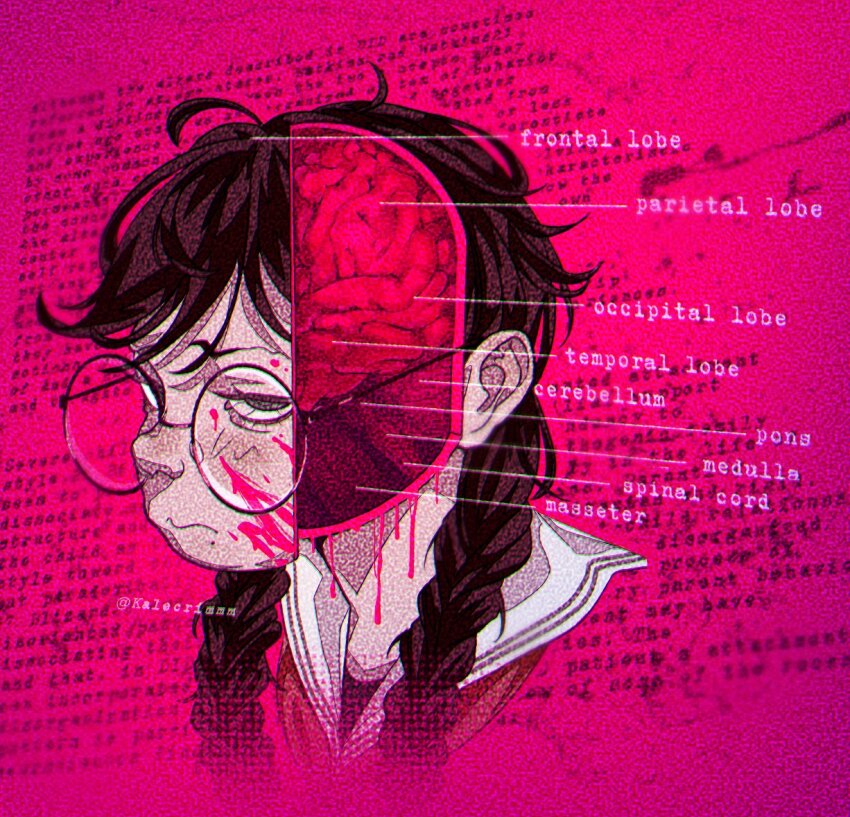 1girl blood blood_on_face braid brain brown_hair danganronpa:_trigger_happy_havoc danganronpa_(series) english_text fukawa_toko glasses half-closed_eyes lav_(kalecrim) long_hair pink_background pink_blood round_eyewear sailor_collar twin_braids twintails white_sailor_collar