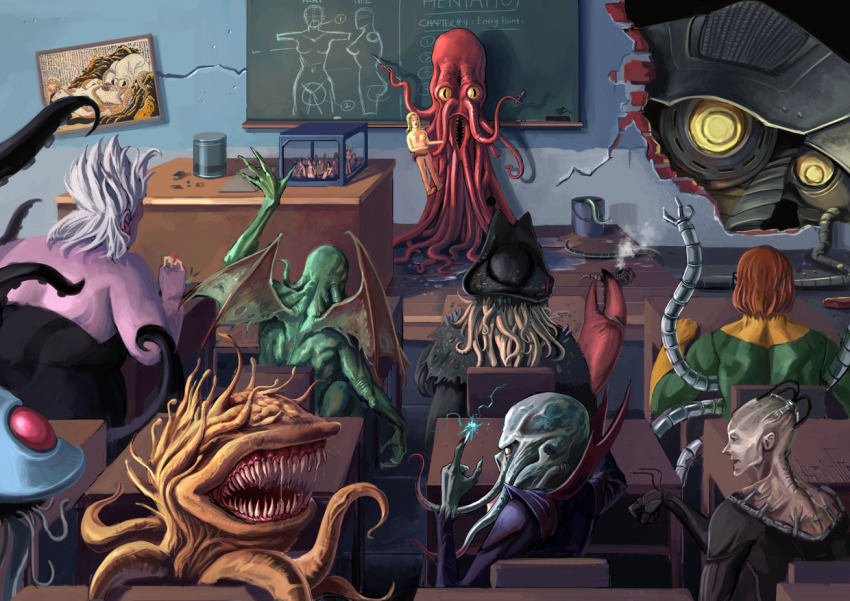 1boy 2girls annotated ariel_(disney) bald blow_up_doll blue_skin borg_queen brown_hair bucket cage chalkboard classroom claws colored_sclera colored_skin creatures_(company) crossover cthulhu cthulhu_mythos cyborg davy_jones demon_wings desk disney doctor_octopus doll dungeons_&amp;_dragons extra_arms final_fantasy game_freak gen_1_pokemon glasses gloves green_skin hat indoors magic malboro marvel mermaid mindflayer mini_person minigirl monster monster_girl multiple_crossover multiple_girls nintendo nude octopus painting_(object) pirate pirate_hat pirates_of_the_caribbean pokemon pokemon_(creature) purple_skin school school_desk scylla sharp_teeth short_hair slit_pupils slumberus smoking smoking_pipe spider-man_(series) star_trek teaching teeth tentacle_hair tentacles tentacruel the_dream_of_the_fisherman&#039;s_wife the_little_mermaid_(disney) trait_connection tripod_(mecha) ursula ursula_(disney) wall war_of_the_worlds what white_hair wings yellow_sclera