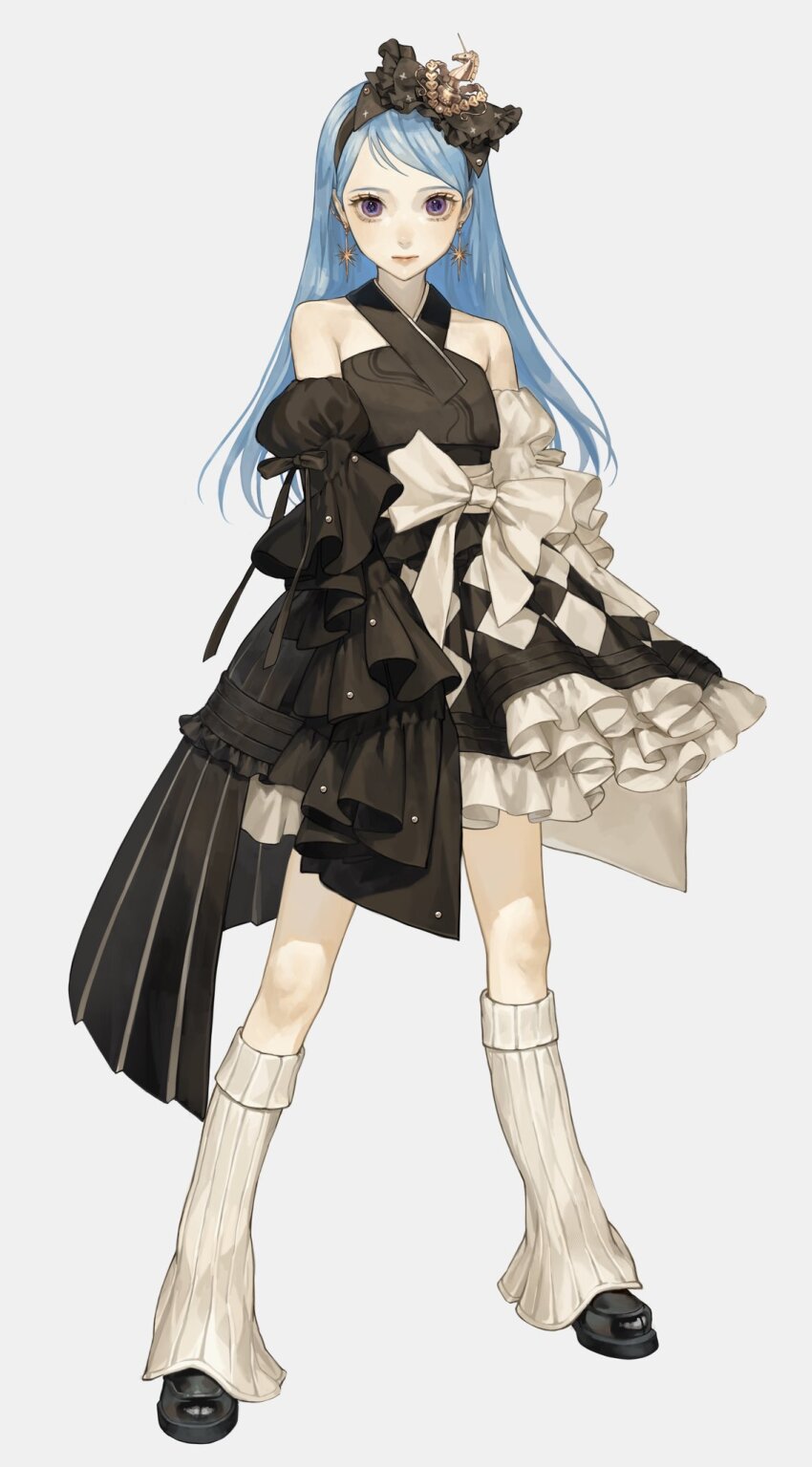 1girl black_bow black_dress black_footwear blue_hair bow checkered_clothes dress earrings frilled_dress frills full_body headband highres jewelry leg_warmers long_hair long_sleeves looking_at_viewer original parted_bangs purple_eyes sakauchi_waka sleeves_past_fingers sleeves_past_wrists standing white_background white_leg_warmers