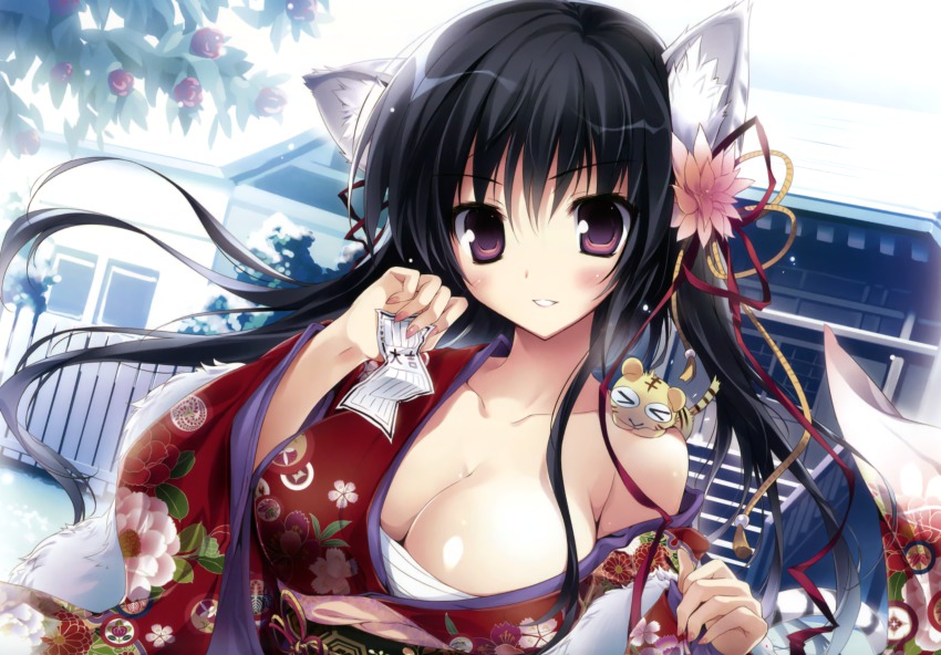 &gt;_&lt; 1girl animal_ear_fluff animal_ears black_hair blush breasts cat_ears cleavage closed_eyes comic_toranoana fingernails floral_print highres holding holding_paper horns japanese_clothes karory kimono kotora_(toranoana) large_breasts looking_at_viewer nail_(hardware) nail_polish off_shoulder omikuji open_clothes open_kimono paper purple_eyes sarashi sharp_fingernails shrine smile temple tiger underbust