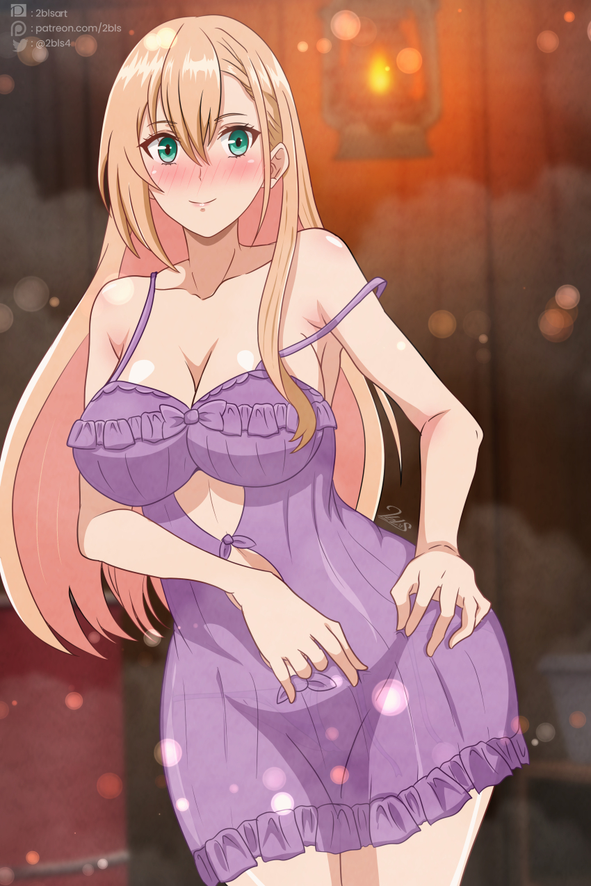 1girl absurdres aqua_eyes arafoo_otoko_no_isekai_tsuuhan_seikatsu blush breasts cleavage hair_between_eyes highres large_breasts long_hair looking_at_viewer nightgown primula_mallow purple_nightgown see-through_nightgown smile twobless