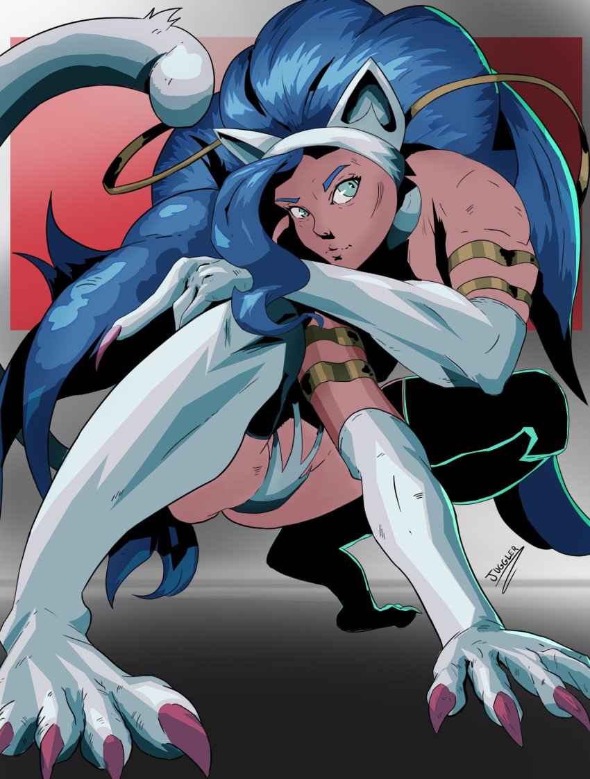 1girl animal_ears animal_hands blue_hair cat_ears cat_tail felicia_(darkstalkers) green_eyes highres juggler_(sun_juggler) long_hair tail darkstalkers very_long_hair white_fur
