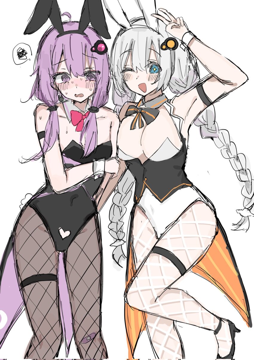 2girls animal_ears aqua_eyes armband black_armband blush bow bowtie braid breasts character_request clothing_cutout commentary commentary_request copyright_request covered_navel detached_collar fake_animal_ears fishnet_pantyhose fishnets hair_between_eyes heart_cutout high_heels highres large_breasts leg_lift leotard long_hair multiple_girls pantyhose playboy_bunny purple_eyes shy simple_background small_breasts standing standing_on_one_leg strap twin_braids twintails upper_body v very_long_hair waimoniku white_background white_hair