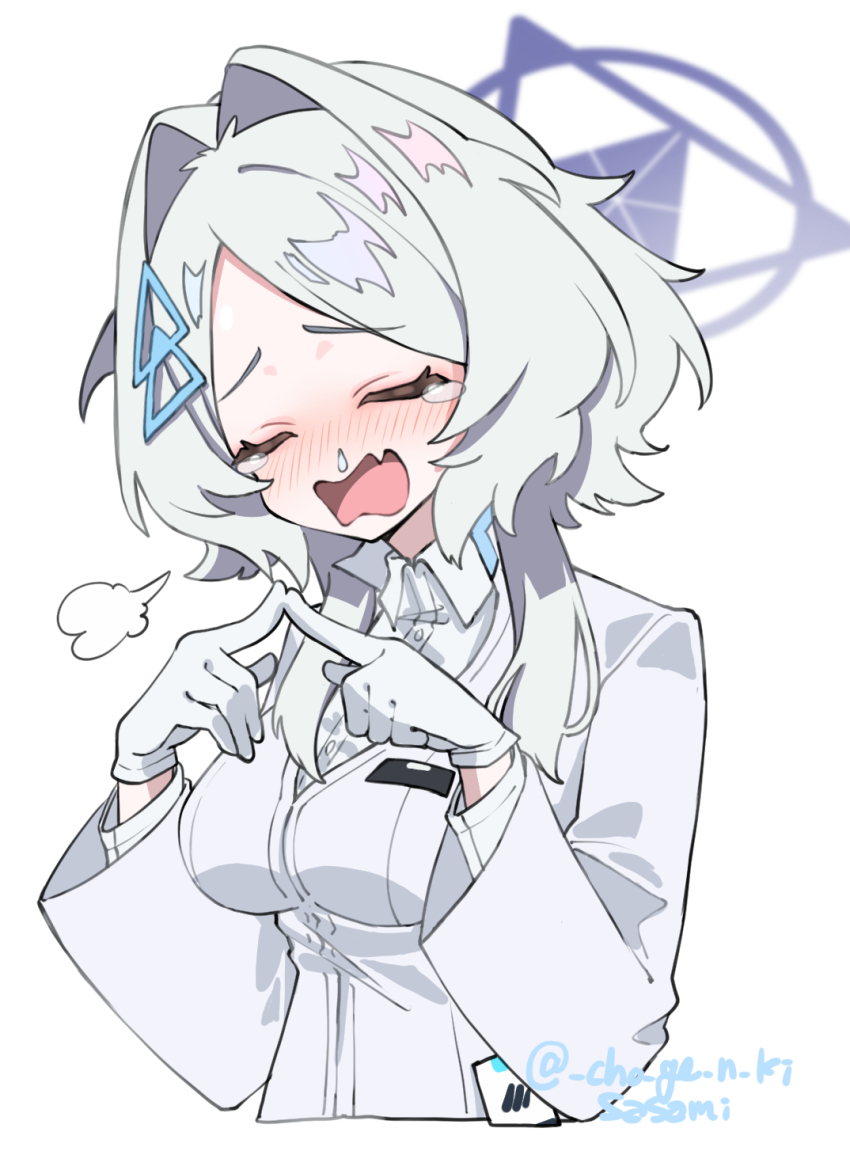 1girl blue_archive closed_eyes gloves grey_hair hair_intakes hair_ornament halo highres long_sleeves mirai_(blue_archive) open_mouth purple_halo sasami_(cho_ge_n_ki) simple_background solo triangle_hair_ornament upper_body white_background white_gloves