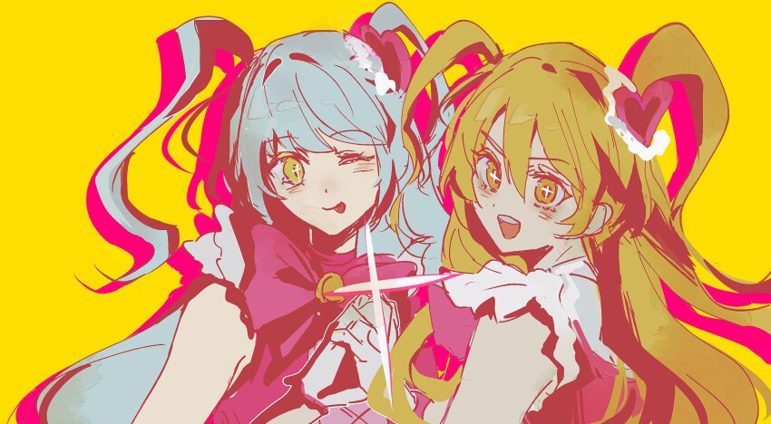 blonde_hair blue_hair bow bowtie bright_pupils cosplay cross-shaped_pupils don_quixote_(project_moon) dress e.g.o_(project_moon) hair_ornament heart heart_hair_ornament highres holding_hands limbus_company lobotomy_corporation lobotomy_corporation_(identity)_(project_moon) long_hair multiple_girls one_eye_closed open_mouth project_moon queen_of_hatred queen_of_hatred_(cosplay) simple_background sixgod symbol-shaped_pupils tongue tongue_out