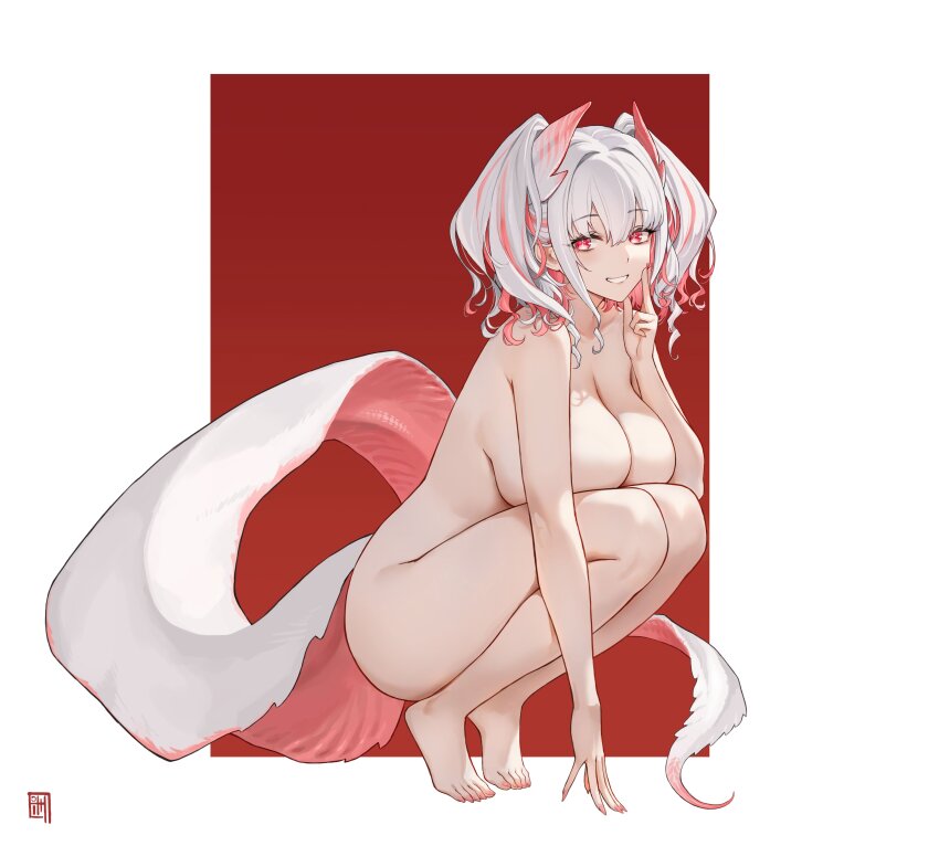 1girl absurdres barefoot border breasts cleavage completely_nude cross-shaped_pupils feet from_side grey_hair grin hair_between_eyes highres large_breasts large_tail looking_at_viewer multicolored_hair nail_polish nude original outside_border red_eyes red_hair red_nails smile solo squatting streaked_hair symbol-shaped_pupils tail terras tiptoes toenails toes twintails two-tone_hair very_long_fingernails white_border