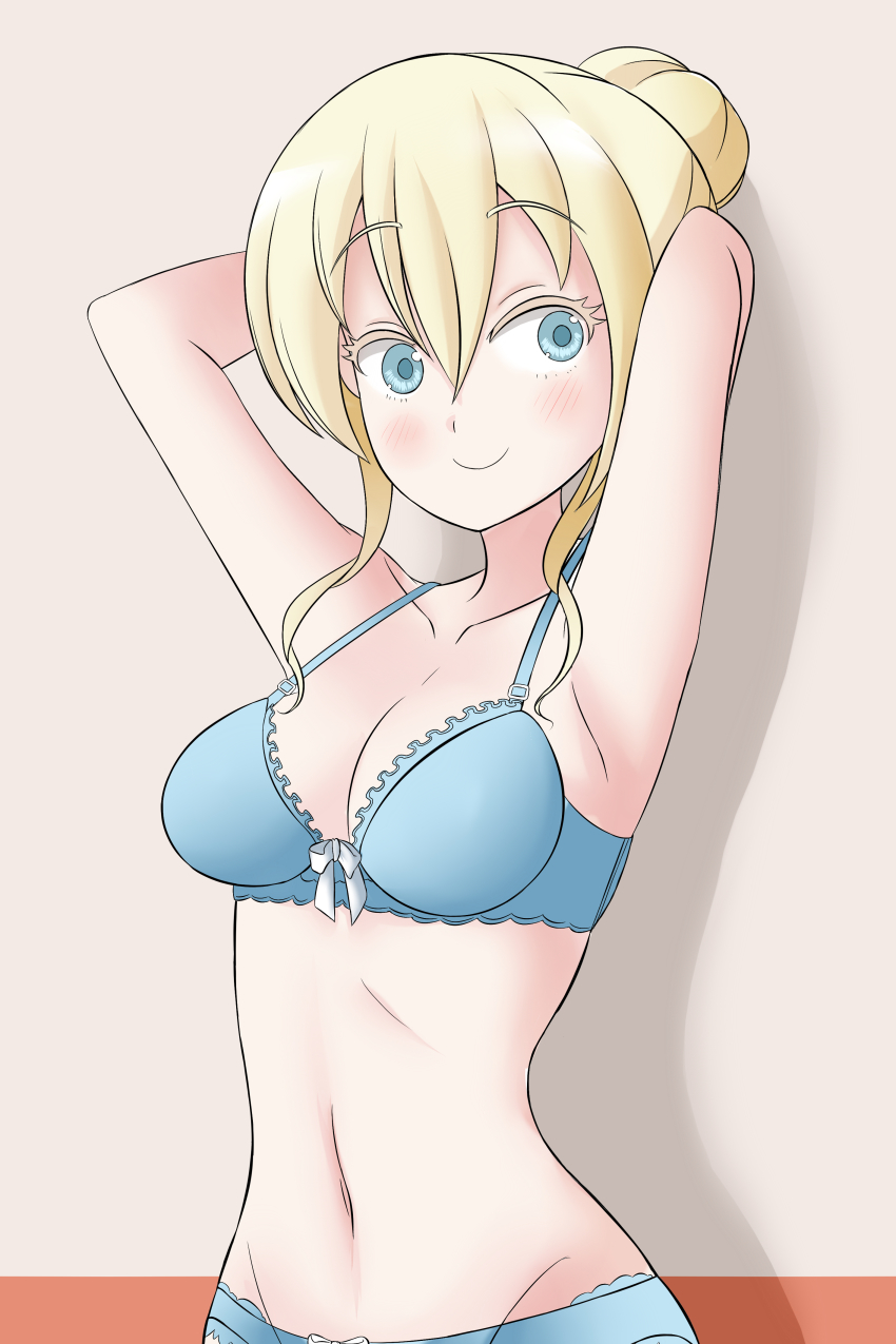 10s 1girl absurdres armpits arms_behind_head arms_up asobi_asobase blonde_hair blue_bra blue_eyes blue_panties blush bow bow_bra bow_panties bra breasts cleavage closed_mouth collarbone female_focus frilled_bra frills groin hair_between_eyes hair_bun happy highres looking_to_the_side lucyfer medium_breasts navel olivia_(asobi_asobase) panties simple_background single_hair_bun smile solo standing underwear underwear_only