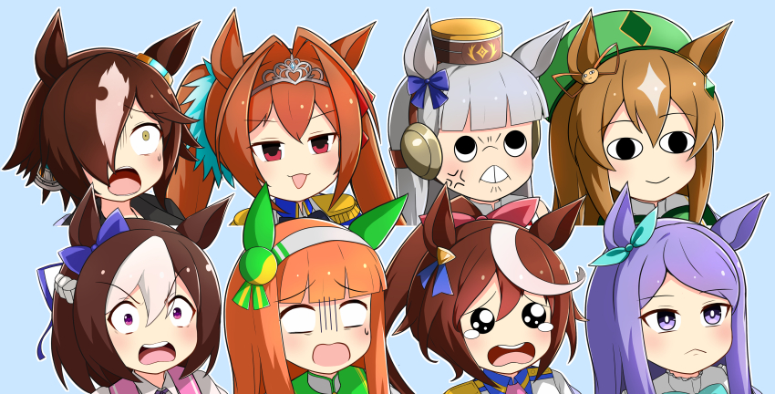 6+girls absurdres agemasen!_(meme) anger_vein animal_ears black_eyes black_jacket blue_background blue_bow blunt_bangs blush borrowed_character bow braid brown_eyes brown_hair crying daiwa_scarlet_(umamusume) ear_bow ear_covers empty_eyes epaulettes genderswap genderswap_(mtf) gintama gold_ship_(umamusume) green_hat grey_hair hair_intakes hair_over_one_eye hair_ribbon hairband hat highres hime_cut horse_ears horse_girl jacket just_a_way_(racehorse) justaway kuma_jet_(style) long_hair mejiro_mcqueen_(umamusume) meme meso_(zgmf-xv) multicolored_hair multiple_girls orange_hair original parody personification pillbox_hat purple_bow purple_eyes purple_ribbon red_eyes ribbon short_hair silence_suzuka_(umamusume) simple_background special_week_(umamusume) streaked_hair style_parody tiara tokai_teio_(umamusume) twintails two-tone_hair umamusume umamusume_tanuki umayon vodka_(umamusume) white_hair white_hairband