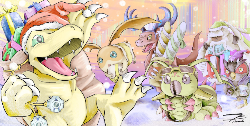 angoramon bread christmas claws digimon digimon_(creature) falcomon_(digimon_savers) food goggles goggles_on_head guilmon patamon santaagumon wormmon