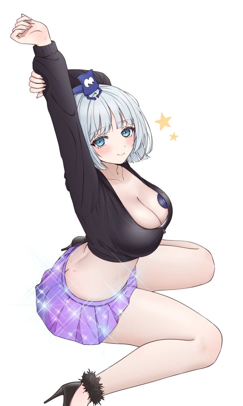 1girl absurdres arms_up bare_legs black_high_heels black_shirt blue_eyes breasts cleavage closed_mouth commentary_request commission creature_on_head crop_top dimples_of_venus floppy_disk high_heels highres korean_commentary large_breasts long_sleeves looking_at_viewer median_furrow midriff miniskirt object_on_breast oc_(jomhwa) original pleated_skirt purple_skirt second-party_source shirt short_hair simple_background sitting skirt smile solo sparkle stretching taesseung thighs wariza white_background white_hair