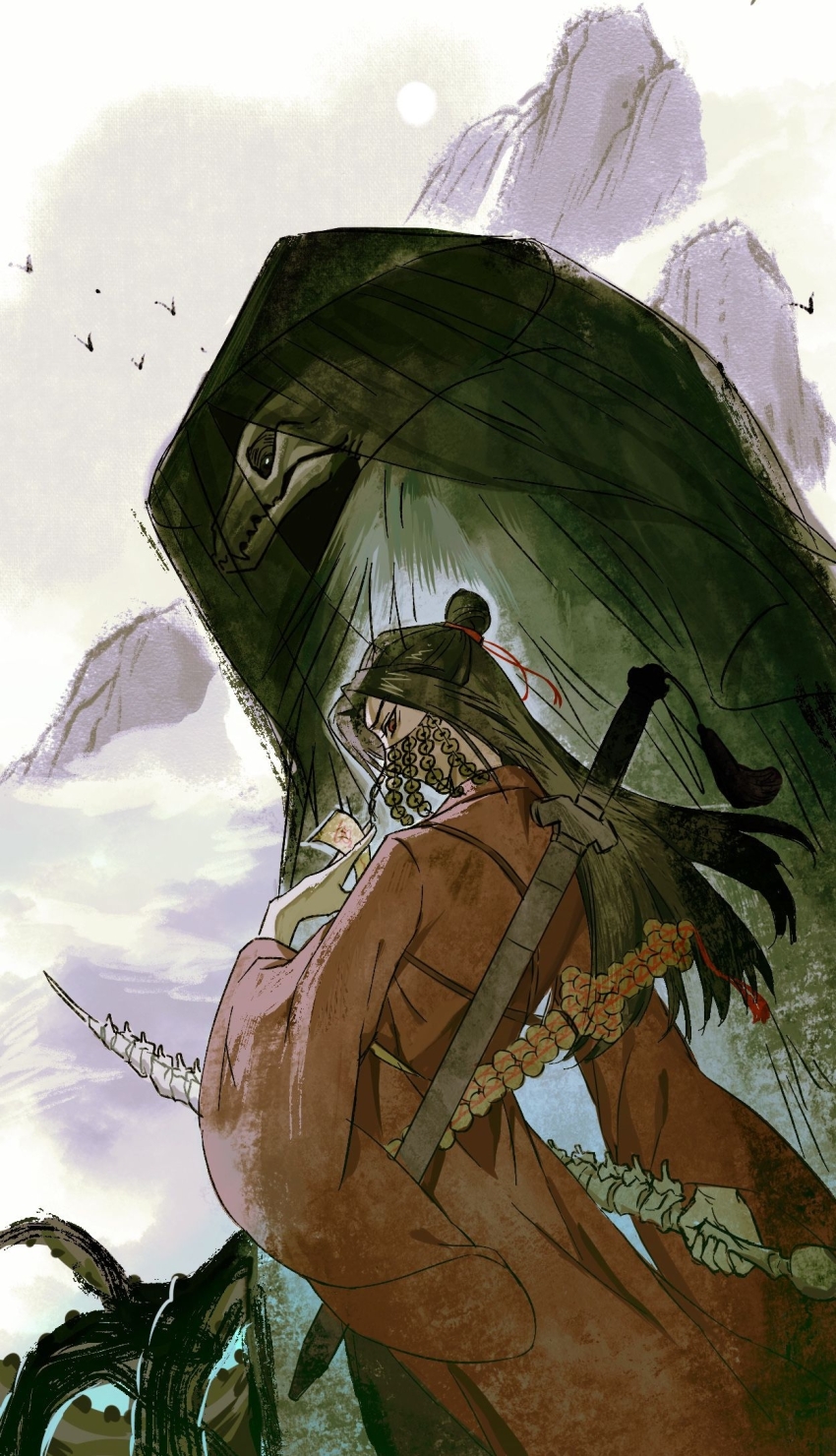1boy between_fingers bird black_hair black_hanfu black_veil bone brown_hair chinese_clothes chinese_commentary cloud coat coin coin_mask coin_sword covered_mouth dao_gui_yi_xian day from_behind hair_bun hair_ribbon half_updo hanfu hidexyz highres holding holding_bone holding_ofuda holding_weapon holed_coin li_huowang long_hair long_sleeves looking_at_viewer male_focus mask monster mountain mouth_veil ofuda ofuda_between_fingers outdoors red_coat red_eyes red_ribbon ribbon robe sheath sheathed single_hair_bun skull sky solo spine spine_sword standing sword sword_on_back sword_tassel tassel tentacles veil weapon weapon_on_back wide_sleeves xuan_pin zhuge_yuan_(skeleton)