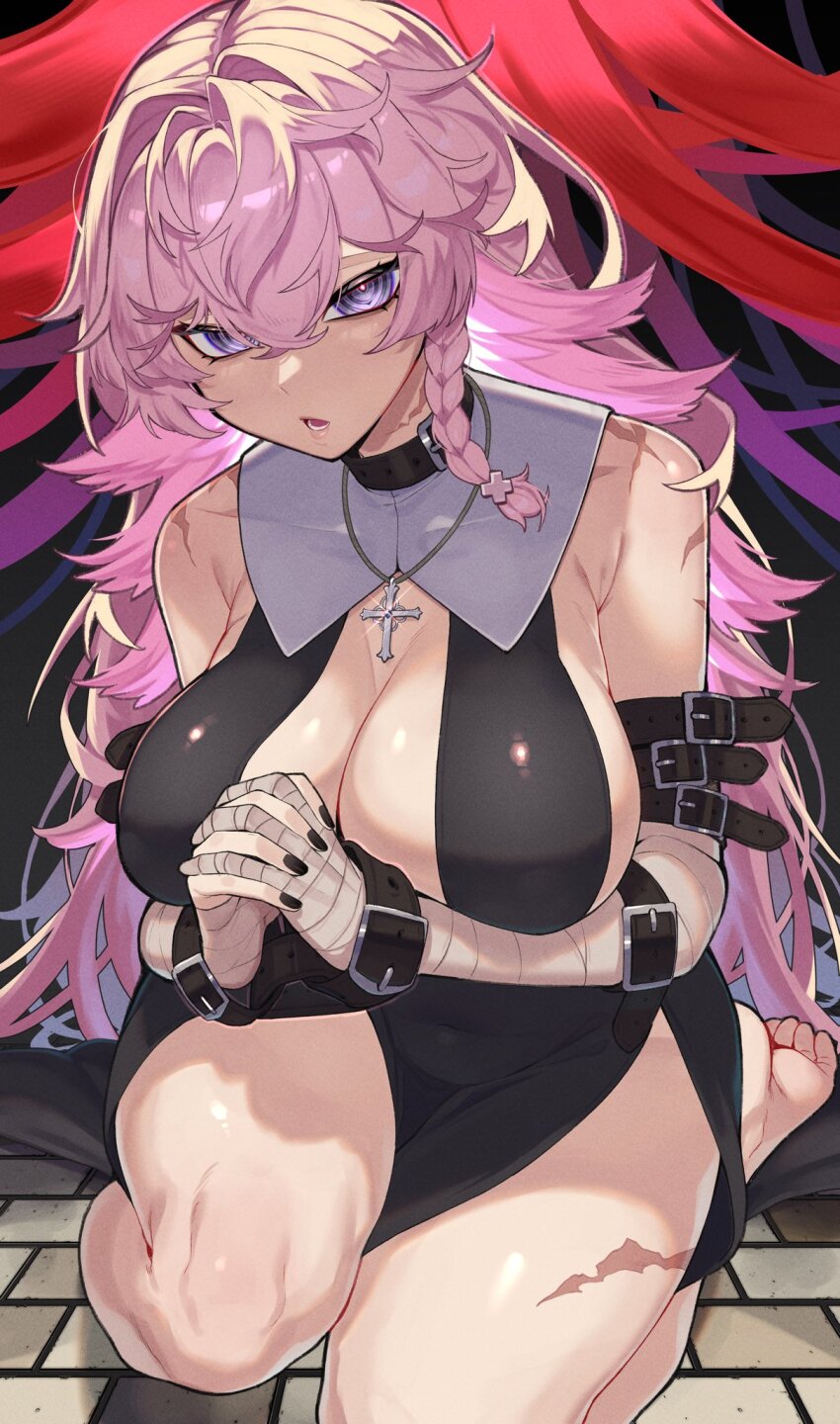 1girl @_@ arm_strap bandaged_arm bandages bare_shoulders breasts cleavage commission cross cross_necklace hair_between_eyes highres jewelry kneeling long_hair necklace nun original pink-haired_nun_(404notfound) pink_hair praying scar scar_on_shoulder sideboob skeb_commission solo toriniku29