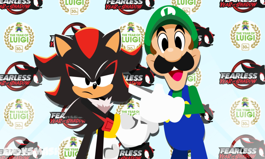 2013 2024 2boys black_eyes black_fur black_hair blue_overalls bracelet brown_hair crossover eddysmash2407 facial_hair fearless:_year_of_shadow gloves green_hat green_shirt handshake hat hedgehog highres jewelry luigi mario_(series) multiple_boys mustache nintendo overalls pointing sega serious shadow_the_hedgehog shirt size_difference smile sonic_(series) the_year_of_luigi white_gloves
