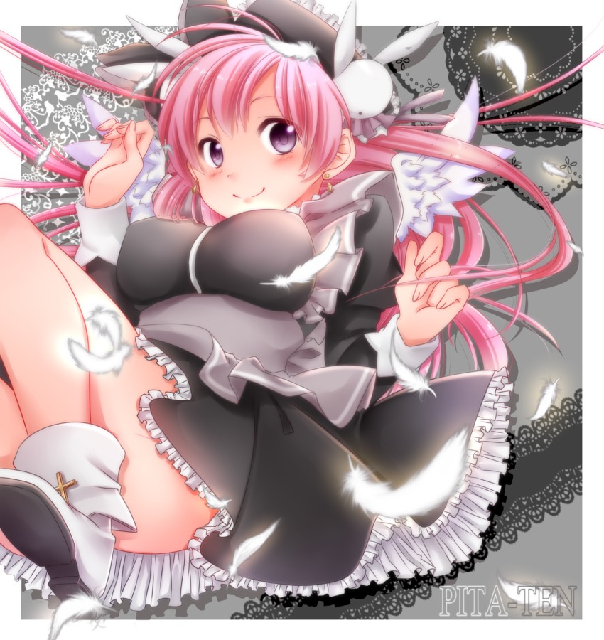 1girl black_dress blush boots chun_(ya_i_memories) copyright_name cross doily dress earrings feathers female_focus floating_hair frilled_dress frills hair_ornament hat highres jewelry long_hair misha misha_(pita_ten) pink_hair pita_ten purple_eyes rabbit_hair_ornament smile solo white_boots white_wings wings