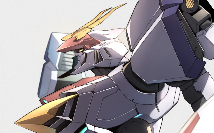 d-1 from_side grey_background highres kikou_senki_dragonar looking_ahead mecha no_humans robot science_fiction solo symbol-only_commentary takahashi_masaki thrusters upper_body yellow_eyes