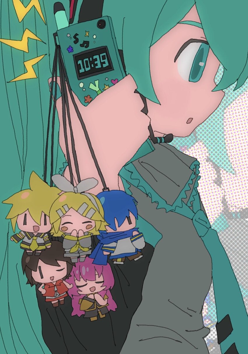 :o aqua_eyes aqua_hair aqua_nails aqua_necktie cellphone_charm character_charm charm_(object) chibi detached_sleeves halftone halftone_background hatsune_miku highres holding holding_phone kagamine_len kagamine_rin kaito_(vocaloid) kousou_(vanilla_rkgk) lightning_bolt_symbol megurine_luka meiko_(vocaloid) necktie phone solo sticker vocaloid