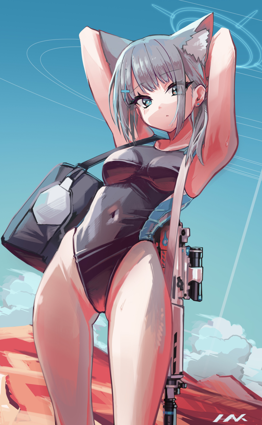 1girl absurdres animal_ear_fluff animal_ears arms_behind_head arms_up assault_rifle bag black_one-piece_swimsuit blue_archive blue_eyes blue_sky breasts cloud competition_swimsuit covered_navel cross cross_hair_ornament day dutch_angle extra_ears grey_hair gun hair_ornament halo highres inverted_cross low_ponytail medium_breasts medium_hair mismatched_pupils multicolored_swimsuit official_alternate_costume one-piece_swimsuit outdoors ponytail rifle satorin_(287754871) shiroko_(blue_archive) shiroko_(swimsuit)_(blue_archive) sig_sauer_556 sky solo sway_back swimsuit weapon wolf_ears