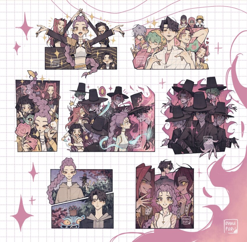 3girls 5boys abby_(kpop_demon_hunters) applying_makeup baby_(kpop_demon_hunters) beckoning black_hair black_hat braid braided_ponytail commentary derpy_(kpop_demon_hunters) english_commentary evil_smile eye_contact full-body_tattoo gat_(hat) gatkkeun grid_background hat highres jinu_(kpop_demon_hunters) kpop_demon_hunters long_hair looking_at_another mira_(kpop_demon_hunters) multiple_boys multiple_girls multiple_views mystery_(kpop_demon_hunter) official_alternate_costume otakupup pot_on_head purple_eyes red_hair romance_(kpop_demon_hunters) rumi_(kpop_demon_hunters) signature smile sparkle sussie_(kpop_demon_hunters) tattoo very_long_hair zoey_(kpop_demon_hunters)