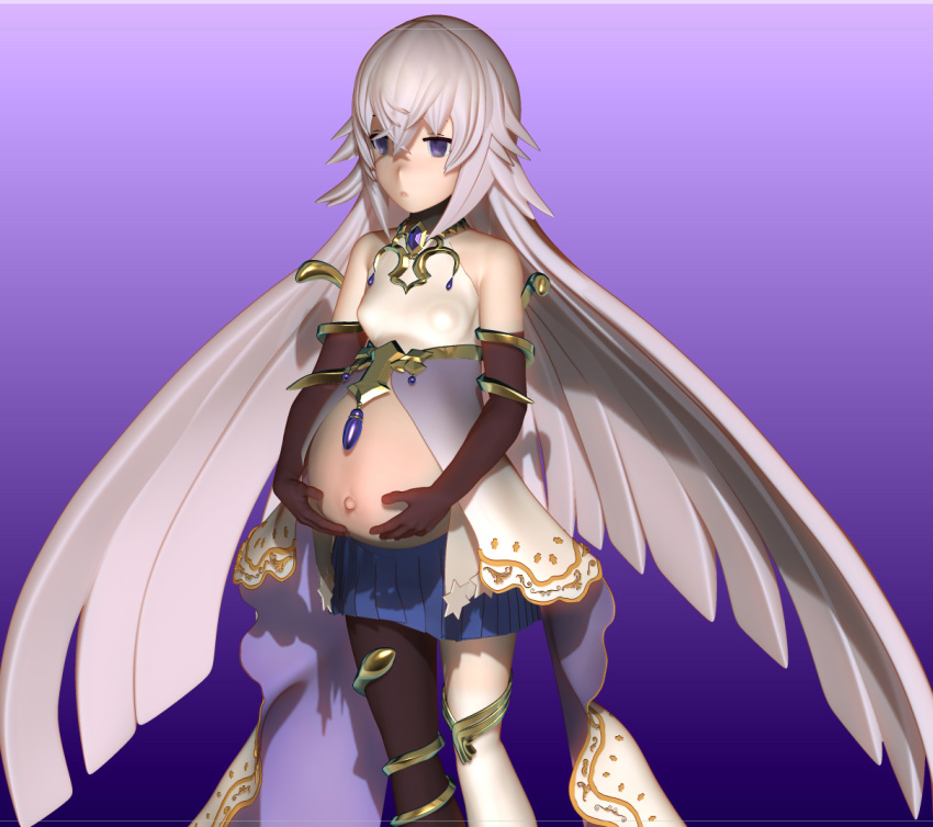 1girl 3d artistic_error asymmetrical_legwear bad_id bad_twitter_id black_gloves black_socks blue_skirt breasts covered_erect_nipples empty_eyes gloves gradient_background grimms_notes gyouza_aquarium holding_stomach long_hair magic magic_mirror_(grimms_notes) open_mouth pregnant purple_background purple_eyes purple_hair skirt socks solo white_socks
