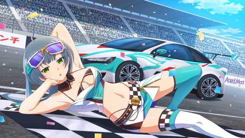 1girl :o asymmetrical_legwear audience belt bikini black_belt black_bikini blue_hair breasts car checkered_clothes checkered_flag cleavage confetti day detached_collar dutch_angle eyewear_on_head flag foot_out_of_frame game_cg green_eyes hand_on_own_cheek hand_on_own_face head_rest highres higurashi_no_naku_koro_ni higurashi_no_naku_koro_ni_mei knee_up kurosawa_chisame long_hair lying midriff miniskirt mismatched_legwear motor_vehicle navel non-web_source official_art on_side open_mouth outdoors pencil_skirt race_queen race_vehicle racecar racetrack skirt sports_car string_bikini sunglasses swimsuit thighhighs