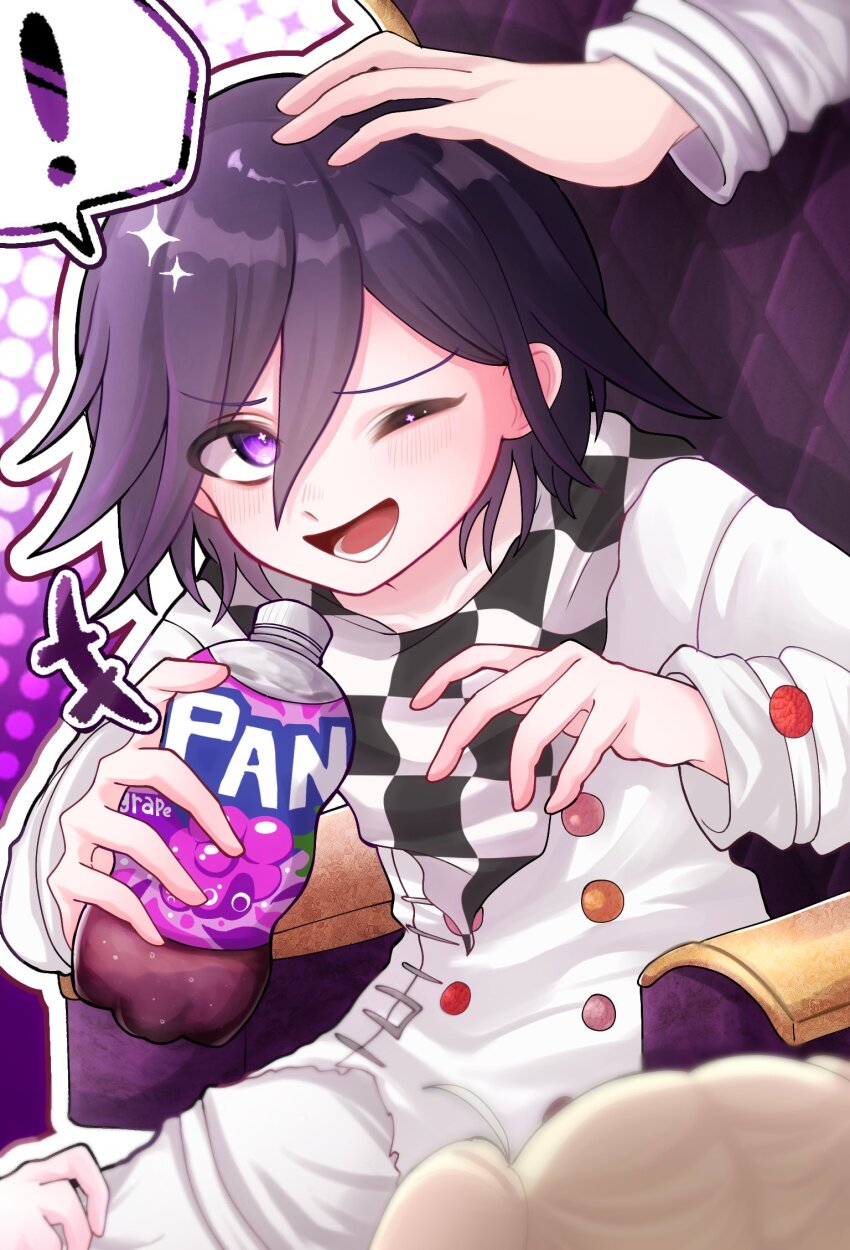 ! 1boy 1girl 1other blush bottle brand_name_imitation buttons checkered_clothes checkered_scarf commentary danganronpa_(series) danganronpa_v3:_killing_harmony dice_members_(danganronpa) dn_rn_mtr fanta flipped_hair hair_between_eyes happy headpat highres holding holding_bottle long_sleeves looking_up male_focus multicolored_buttons oma_kokichi on_chair one_eye_closed open_mouth outline pants purple_eyes purple_hair scarf short_hair sitting smile solo_focus speech_bubble spoken_exclamation_mark two-tone_scarf upper_body white_outline