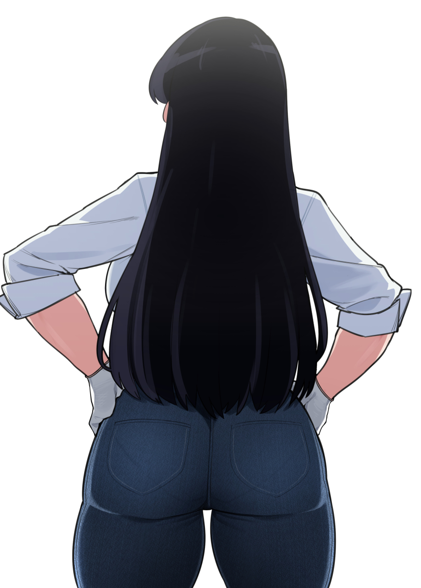 1girl 4team arato_nagi ass backboob black_hair blue_pants breasts commentary_request denim gloves hands_on_own_hips huge_ass jeans large_breasts long_hair pants pantylines ruri_no_houseki shirt simple_background sleeves_rolled_up solo standing taut_clothes taut_pants white_background white_gloves white_shirt