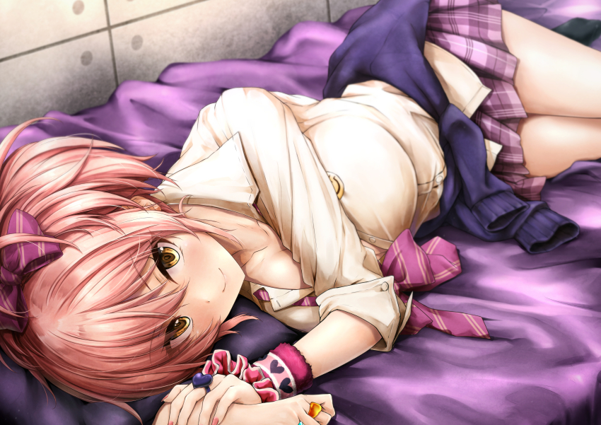 1girl absurdres blush breasts closed_mouth clothes_around_waist collarbone collared_shirt hair_ornament highres idolmaster idolmaster_cinderella_girls jewelry jougasaki_mika large_breasts long_sleeves looking_at_viewer lying on_side pink_hair plaid_clothes plaid_skirt pleated_skirt purple_skirt ring shirt skirt smile solo suien sweater sweater_around_waist thighs yellow_eyes yellow_shirt