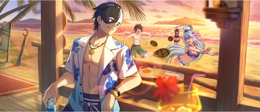 1boy 1other 2girls aqua_(konosuba) arms_up bare_arms bare_legs bare_shoulders beach bikini black_hair black_mask blue_bikini blue_flower blue_hair blue_scrunchie blue_swim_trunks bow bow_bikini bracelet breasts brown_hair cleavage collarbone covered_eyes creature cup drinking_glass fleeing flower food frilled_bikini frills fruit game_cg green_swim_trunks hair_flower hair_ornament hair_rings half_mask hawaiian_shirt highres holding holding_cup horizon jewelry kariyushi_shirt kono_subarashii_sekai_ni_shukufuku_wo! konosuba!_fantastic_days large_breasts long_hair looking_back male_swimwear mask megumin multiple_girls navel ocean official_alternate_costume official_art open_clothes open_shirt outstretched_arms palm_tree pendant pink_bow red_bikini resting sand satou_kazuma scrunchie shade shirt short_hair single_hair_ring small_breasts star_(symbol) star_pendant stomach suikawari sun sunset swim_trunks swimsuit tree two-tone_mask vanir water watermelon white_mask white_shirt wrist_scrunchie