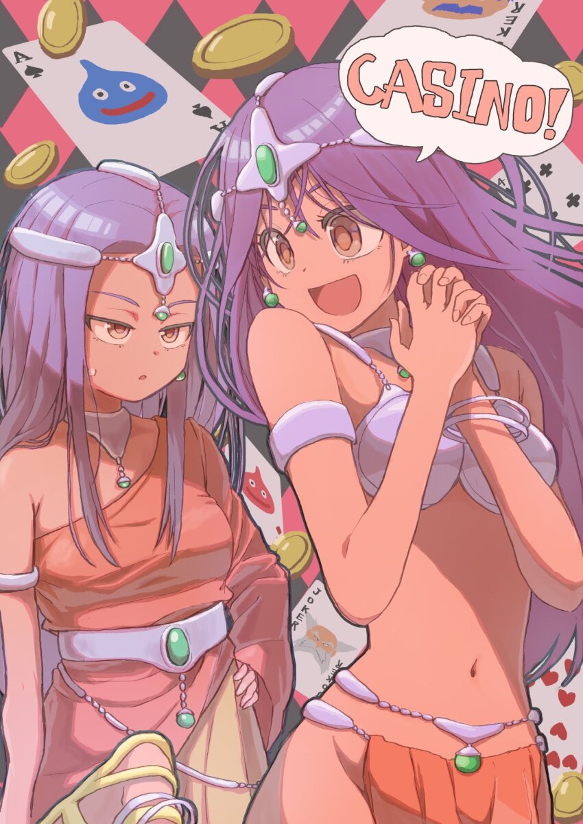 ! 2girls ace_(playing_card) ace_of_spades armlet bare_arms bare_shoulders bikini blush bracelet breasts brey brown_eyes card casino circlet cleavage coin dancer dancer&#039;s_costume_(dq) dark-skinned_female dark_skin dragon_quest dragon_quest_iv dress excited floating_card forehead_jewel gem gold_coin green_gemstone half-closed_eyes hand_on_own_hip happy highres jewelry joker_(playing_card) loincloth long_hair manya_(dq4) metal_bikini metal_bra minea_(dq4) multiple_girls navel necklace open_mouth orange_dress orange_loincloth orange_skirt own_hands_together pelvic_curtain playing_card poker_chip purple_hair siblings silver_bikini sisters skirt sleeveless slime_(creature) slime_(dragon_quest) smile smiley_face spade_(shape) speech_bubble spoken_exclamation_mark sweatdrop swimsuit toraneko torneko unamused
