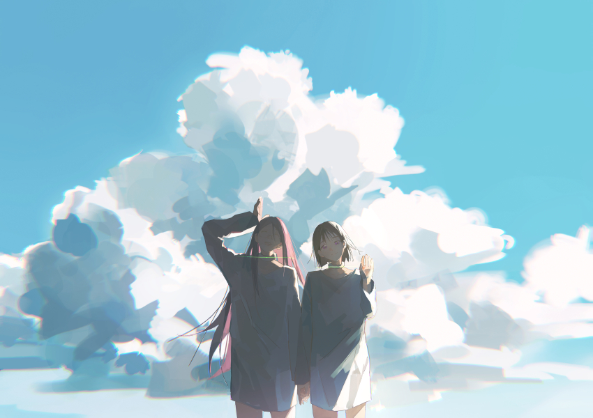 2girls absurdres alien_stage arm_up black-framed_eyewear blue_sky brown_hair chinese_commentary closed_eyes closed_mouth cloud cloudy_sky collar commentary cowboy_shot day dress glasses hand_up highres holding_hands long_hair long_sleeves looking_at_viewer mizi_(alien_stage) multiple_girls open_mouth outdoors pink_hair purple_eyes semi-rimless_eyewear short_hair sijimao sky smile standing sua_(alien_stage) white_collar white_dress