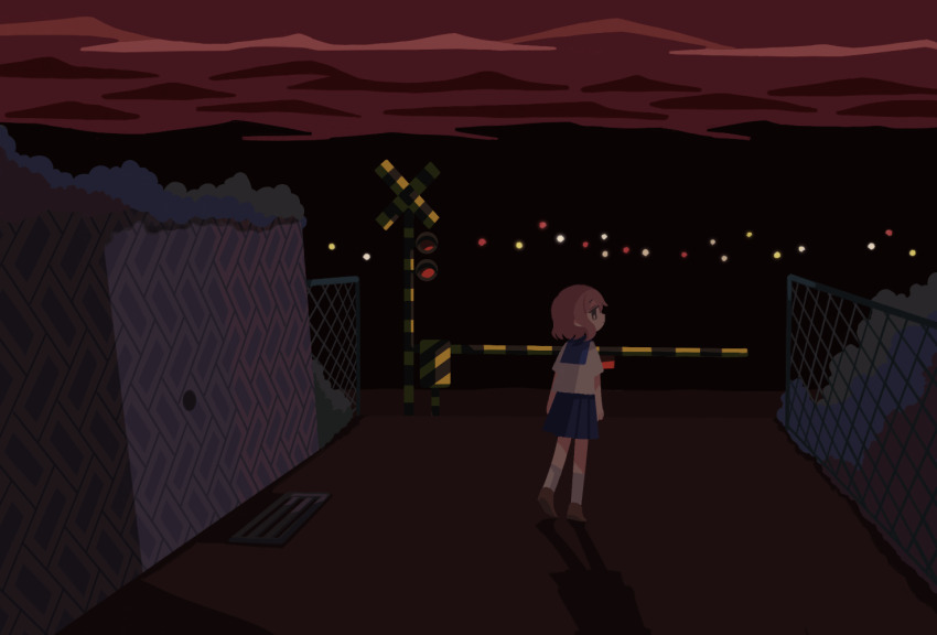 1girl arms_at_sides blue_sailor_collar blue_skirt brown_hair chain-link_fence city_lights closed_mouth dusk expressionless fence from_behind heel_up looking_at_viewer looking_back nire_(yuque) official_alternate_costume outdoors pleated_skirt profile railroad_crossing railroad_signal red_sky road sailor_collar school_uniform serafuku shadow shirt shoes short_hair sidelocks skirt sky solo street_gutter suyazzz_(soyoyon) wall white_shirt wide_shot yellow_eyes yuque