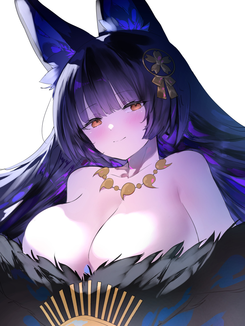 1girl absurdres animal_ear_fluff animal_ears azur_lane bare_shoulders black_hair breasts cleavage commentary_request fox_ears fox_girl highres jewelry kitsune large_breasts low_neckline magatama magatama_necklace musashi_(azur_lane) necklace simple_background solo upper_body w_(w64851564) white_background yellow_eyes