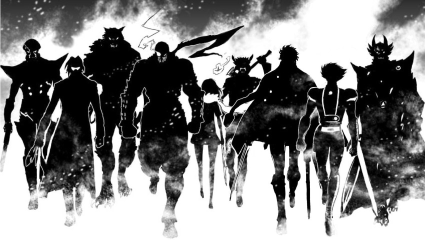 10s 1girl 6+boys akumetsu axe boots comic_master_j comic_master_j_(character) creator_connection crossover fate/grand_order fate_(series) fire fujikido_kenji full_body garo garo_(series) glowing glowing_eye greyscale hakaider highres hijikata_toshizou_(fate) jacket jacket_on_shoulders kabuto_kouji kikaider_(series) lineup mazinger_(series) mazinger_z monochrome monster_boy multiple_boys multiple_crossover nagasawa_shiina ninja ninja_slayer pleated_skirt scarf shin_mazinger_zero short_hair silhouette skirt sunglasses walking weapon wolf_boy wolf_guy wolf_guy:_ookami_no_monshou yamoto_koki yogo_yuuki