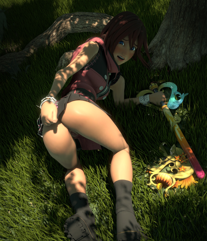 1girl 3d absurdres artist_request ass blue_eyes blush clothes embarrassed fallen_down highres huge_filesize kairi_(kingdom_hearts) keyblade kingdom_hearts looking_back no_panties open_mouth outdoors pussy red_hair shoes short_hair skirt source_request