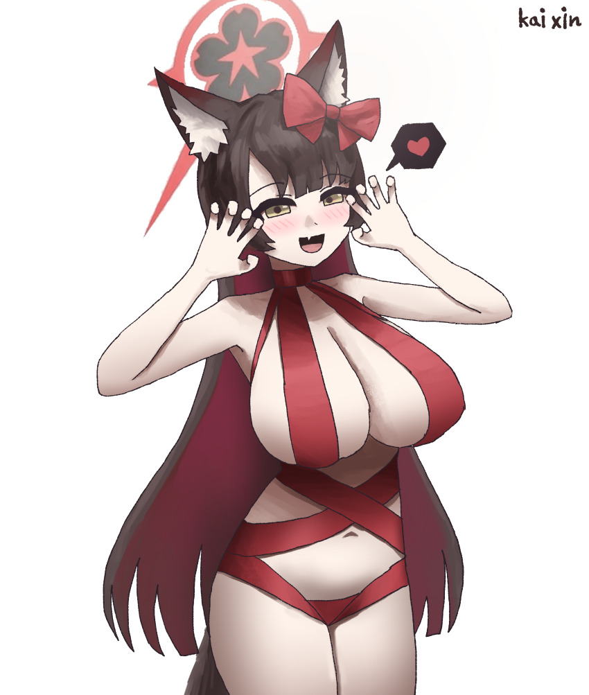 1girl absurdres animal_ears black_hair black_halo blue_archive blush bow breasts claw_pose cleavage collarbone colored_inner_hair fang fox_ears hair_bow halo heart highres kai_xin large_breasts long_hair looking_at_viewer multicolored_hair multicolored_halo naked_ribbon navel open_mouth red_bow red_hair red_halo red_ribbon ribbon skin_fang smile solo thighs two-tone_halo very_long_hair wakamo_(blue_archive) yellow_eyes
