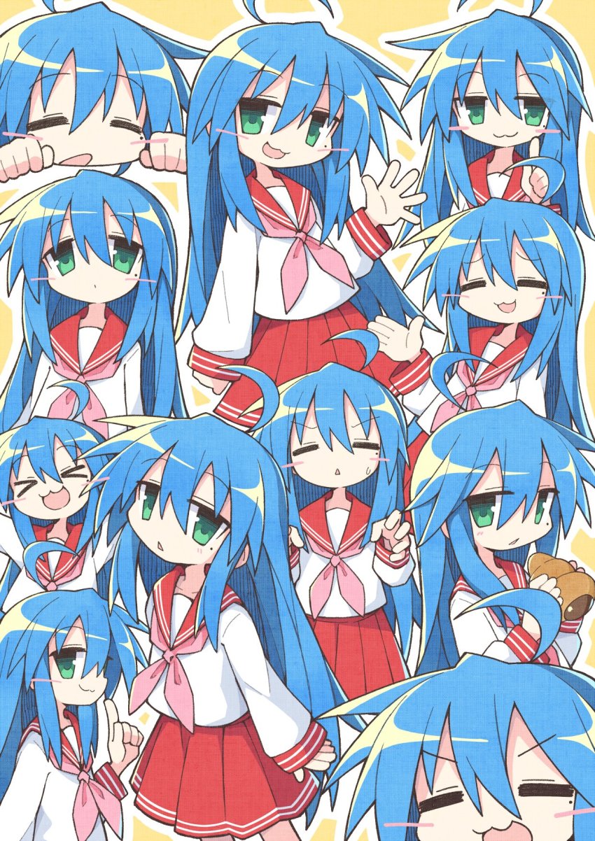 &gt;3&lt; &gt;_&lt; 1girl :3 :o =_= ahoge asameshi blue_hair blush chocolate_cornet collage commentary cowboy_shot eating food green_eyes highres index_finger_raised izumi_konata long_hair lucky_star mole mole_under_eye neckerchief outline pink_neckerchief red_sailor_collar red_skirt ryouou_school_uniform sailor_collar school_uniform serafuku shirt simple_background skirt solo upper_body waving white_outline white_shirt yellow_background
