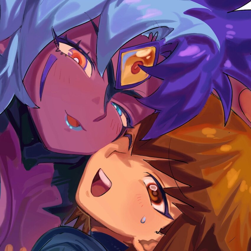 1boy 1other blue_eyes blue_hair blue_lips brown_eyes brown_hair colored_sclera colored_skin heterochromia highres multicolored_hair one_eye_closed orange_eyes orange_sclera purple_hair purple_skin tawashipurin third_eye two-tone_hair yu-gi-oh! yu-gi-oh!_gx yubel yuki_judai
