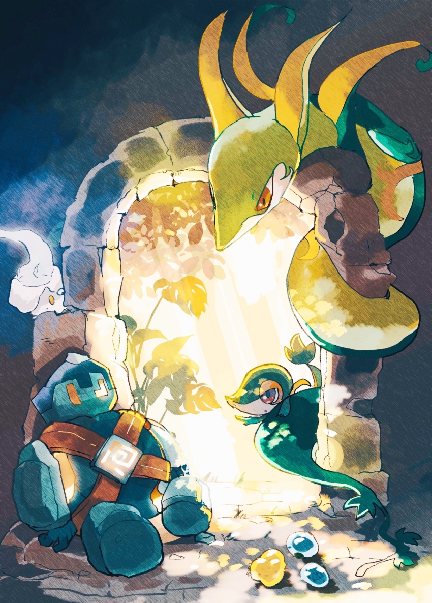 berry_(pokemon) blue_fire brown_eyes closed_mouth fire gen_5_pokemon golett half-closed_eyes highres litwick nintendo no_humans oran_berry pokemon pokemon_(creature) serperior sitrus_berry sitting snake snivy umipokemori yellow_eyes